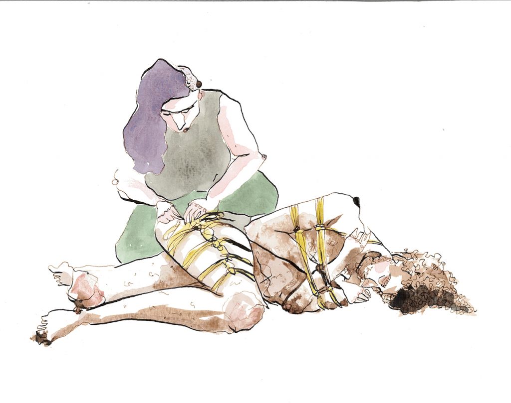 Ink drawing of a fat person with purple hair kneeling over tying a naked brown skinned person who is lying on the floor.